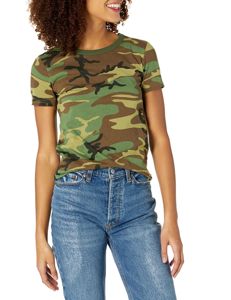 BACKBONE Womens Ladies Army Military Gym Training Outdoor Hunt Camp Camouflage Short Sleeve Tee T-Shirt (Woodland Camo,Size M) - Image 1